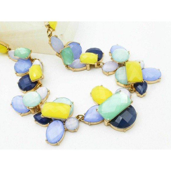 TALBOTS Statement Necklace Yellow Blue Green Beaded Gold-Tone Chain - Picture 4 of 6